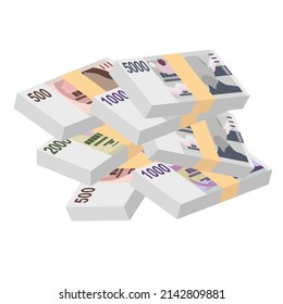 Czech Koruna Vector Illustration. Czech Republic money set bundle banknotes. Paper money 500, 1000, 2000, 5000 CZK. Flat style. Isolated on white background. Simple minimal design.