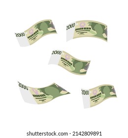 Czech Koruna Vector Illustration. Czech Republic money set bundle banknotes. Falling, flying money 2000 CZK. Flat style. Isolated on white background. Simple minimal design.