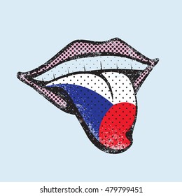 Czech language learning. Study Czech icon for dictionary, translator. Flag of Czech Republic, Prague for language speaking on tongue 