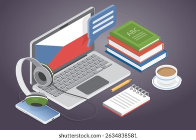 Czech language lessons. Online language courses concept. Internet class, e learning, distance education, remote school, university. 3d flat isometric vector illustration.