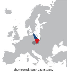 Czech Location Map on map Europe. 3d Czech flag map marker location pin. High quality map of Czech.  Vector illustration EPS10.