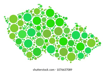 Czech Map composition of randomized circle elements in different sizes and eco green shades. Vector dots are composed into Czech map collage. Ecological geographical map design concept.