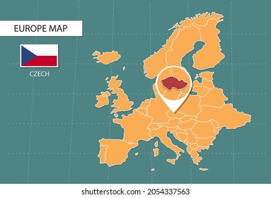 Mapa checo en Europa zoom versión, iconos que muestran la ubicación y banderas checas.