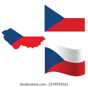 Czech map with flag embeded inside with 2 Czech flags wavy flag and rectangular flag vector illustration