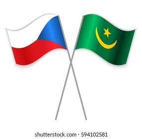 Czech and Mauritanian crossed flags. Czech Republic combined with Mauritania isolated on white. Language learning, international business or travel concept.