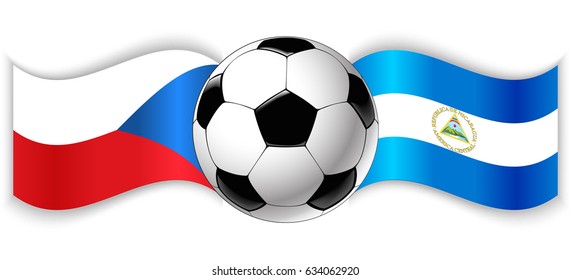 Czech and Nicaraguan wavy flags with football ball. Czech Republic combined with Nicaragua isolated on white. Football match or international sport competition concept.