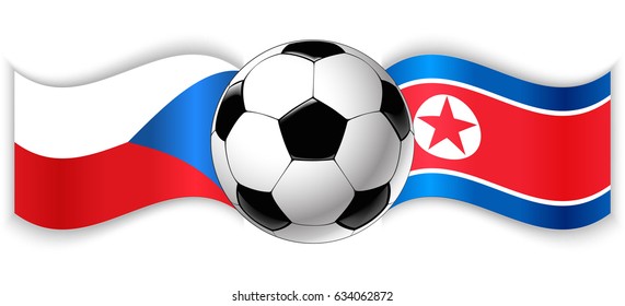 Czech and North Korean wavy flags with football ball. Czech Republic combined with North Korea isolated on white. Football match or international sport competition concept.
