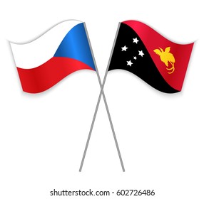 Czech and Papuan crossed flags. Czech Republic combined with Papua New Guinea isolated on white. Language learning, international business or travel concept.