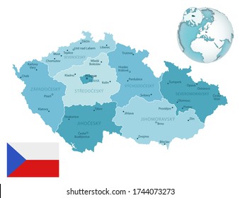 Czech Republic administrative blue-green map with country flag and location on a globe. Vector illustration