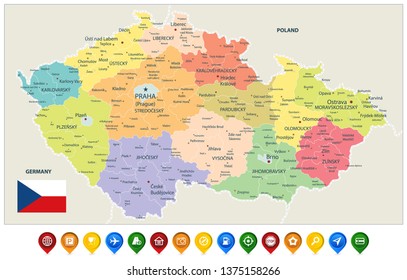 Czech Republic Administrative Map and Colored Map Icons - Detailed map of Czech Republic vector illustration - All elements are separated in editable layers clearly labeled.