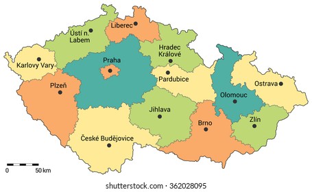 Czech republic administrative map. Regions, capital city and regional cities on the map with scale.