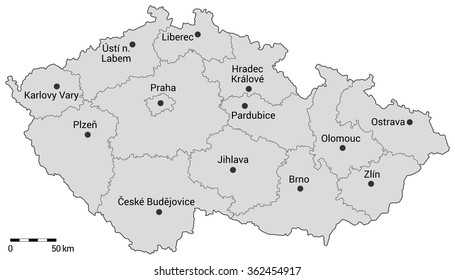 Czech republic administrative map. Regions, capital city and regional cities on the map with scale.