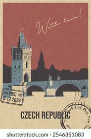 Tarjeta postal de atracción de República Checa, Charles Bridge Prague Illustration, Plantilla de Vector Tarjeta de felicitación de estilo retro con deseo de escritura a mano. Impresión postal, textura de papel envejecido