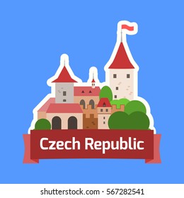 Czech Republic badge with a typical czech castle. Isolated vector illustration in cartoon style.