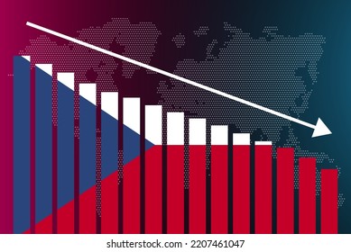 Czech Republic bar chart graph, decreasing values, crisis and downgrade concept, Czech Republic flag on bar graph, down arrow on data, news banner idea, fail and decrease, financial statistic