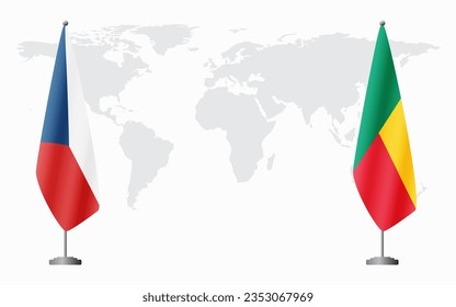 Czech Republic and Benin flags for official meeting against background of world map.