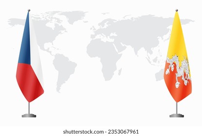 Czech Republic and Bhutan flags for official meeting against background of world map.