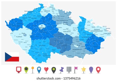 Czech Republic Blue Map and Flat Map Icons - Detailed map of Czech Republic vector illustration - All elements are separated in editable layers clearly labeled.