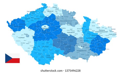 Czech Republic Blue Map Isolated on White - Detailed map of Czech Republic vector illustration - All elements are separated in editable layers clearly labeled.