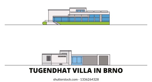 Czech Republic, Brno, Tugendhat Villa flat landmarks vector illustration. Czech Republic, Brno, Tugendhat Villa line city with famous travel sights, skyline, design. 