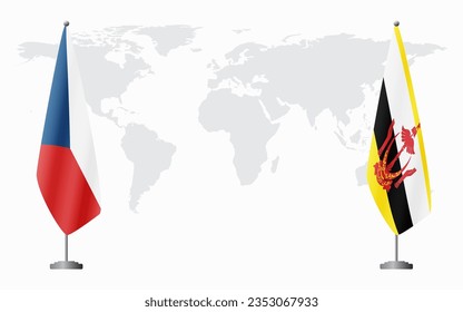 Czech Republic and Brunei flags for official meeting against background of world map.