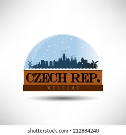 Czech Republic, city skyline silhouette in snow globe. Vector design.