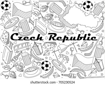 Czech Republic coloring book line art design vector illustration. Separate objects. Hand drawn doodle design elements.