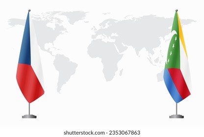 Czech Republic and Comoros flags for official meeting against background of world map.