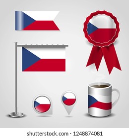 Czech Republic Country Flag place on Map Pin, Steel Pole and Ribbon Badge Banner