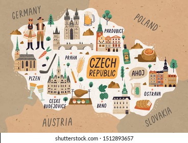Czech Republic cultural map hand drawn illustration. European country traditional symbols. People in authentic clothing, national dishes and sightseeing spots. Famous landmarks and food drawing.