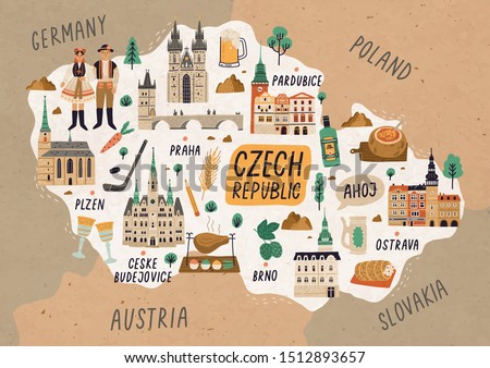 Czech Republic cultural map hand drawn illustration. European country traditional symbols. People in authentic clothing, national dishes and sightseeing spots. Famous landmarks and food drawing.