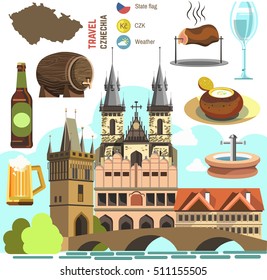 Czech Republic culture symbol set. Europe Travel Prague direction. Vector icons. Flat isolated illustration