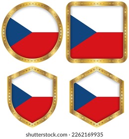 Czech Republic (Czechia) National Flag Collection Set of Circular, Square, Shield, Hexagon Gold Border Logo Button Icon Vector Design Isolated on White Background