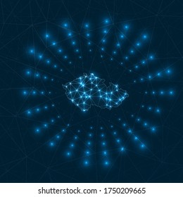 Mapa digital de la República Checa. Rayos brillantes irradiando desde el país. Conexiones de red y diseño de telecomunicaciones. Ilustración vectorial.