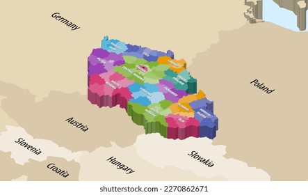 Czech Republic districts colored by regions isometric map with neighbouring countries