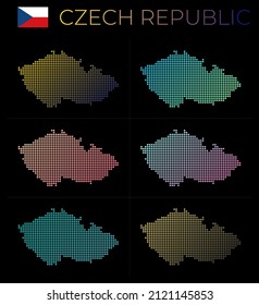 Conjunto de mapas de puntos de la República Checa. Mapa de la República Checa con un estilo punteado. Las fronteras del país están llenas de hermosos círculos de gradientes lisos. Elegante ilustración vectorial.