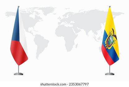 Banderas de la República Checa y Ecuador para una reunión oficial en el fondo del mapa mundial.