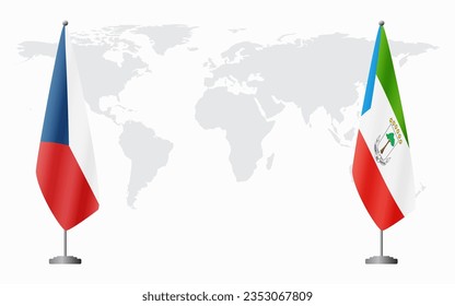 Banderas de la República Checa y de Guinea Ecuatorial para una reunión oficial en el fondo del mapa mundial.