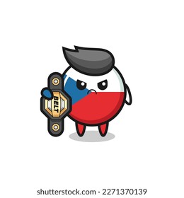 czech republic flag badge mascot character as a MMA fighter with the champion belt , cute style design for t shirt, sticker, logo element