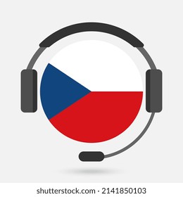 Bandera de la República Checa con auriculares. Ilustración vectorial. Idioma checo.