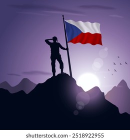 Czech Republic Flag hoisted on a mountain peak with a purplish sunset in the background, vector illustration