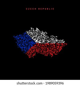 Czech Republic flag map, chaotic particles pattern in the colors of the Czech flag. Vector illustration isolated on black background.