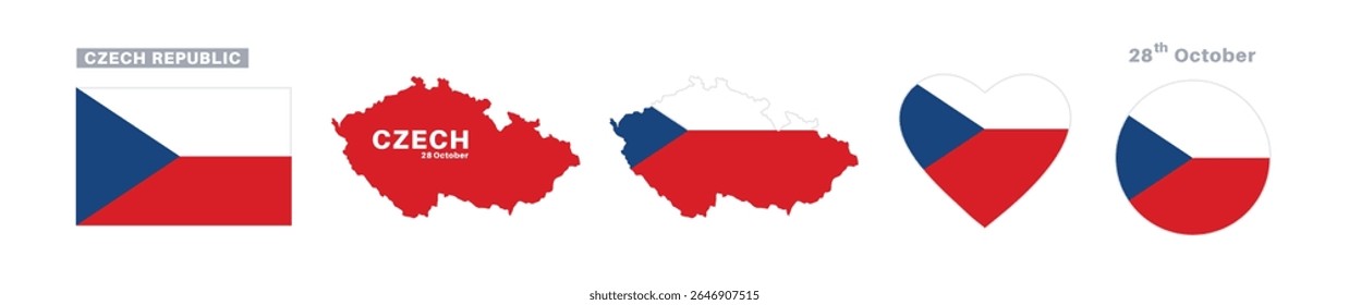 bandeira da república checa e conjunto de mapas. bandeira checa em cores e proporções oficiais. dia da independência 28 de outubro, mapa, círculo e coração em forma de checo