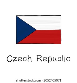 Czech Republic flag with outline and signature isolated on a white background. Hand drawn color vector illustration in sketch style.