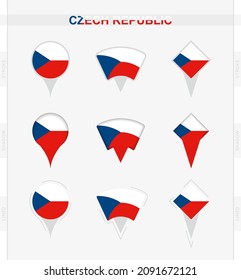 Czech Republic flag, set of location pin icons of Czech Republic flag. Vector illustration of national symbols.