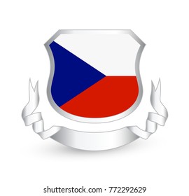 Czech Republic flag in shield and ribbon. Vector illustration.