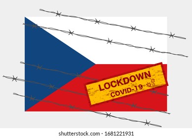 Czech Republic flag with signboard lockdown warning security due to coronavirus crisis covid-19 diseas design with barb wired isolate vector