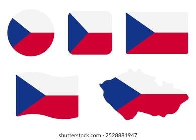 Conjunto de símbolos de la bandera de la República Checa. Colores azul, blanco y rojo. Ronda, cuadrado, ondulando el rectángulo y el Anuncio checo del Vector de la forma del mapa. Símbolo de Praga.