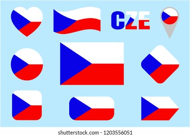 Czech Republic flag vector set. Different geometric shapes. Flat style. Czech flags collection. Can use for sports, national, travel, geographic design elements. isolated icons with state name