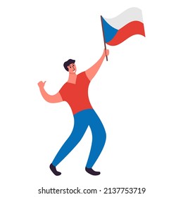 Czech Republic flag waving man.Joyful guy hand holding Czech flag.Character cartoon vector flat illustration. Isolated on white background.